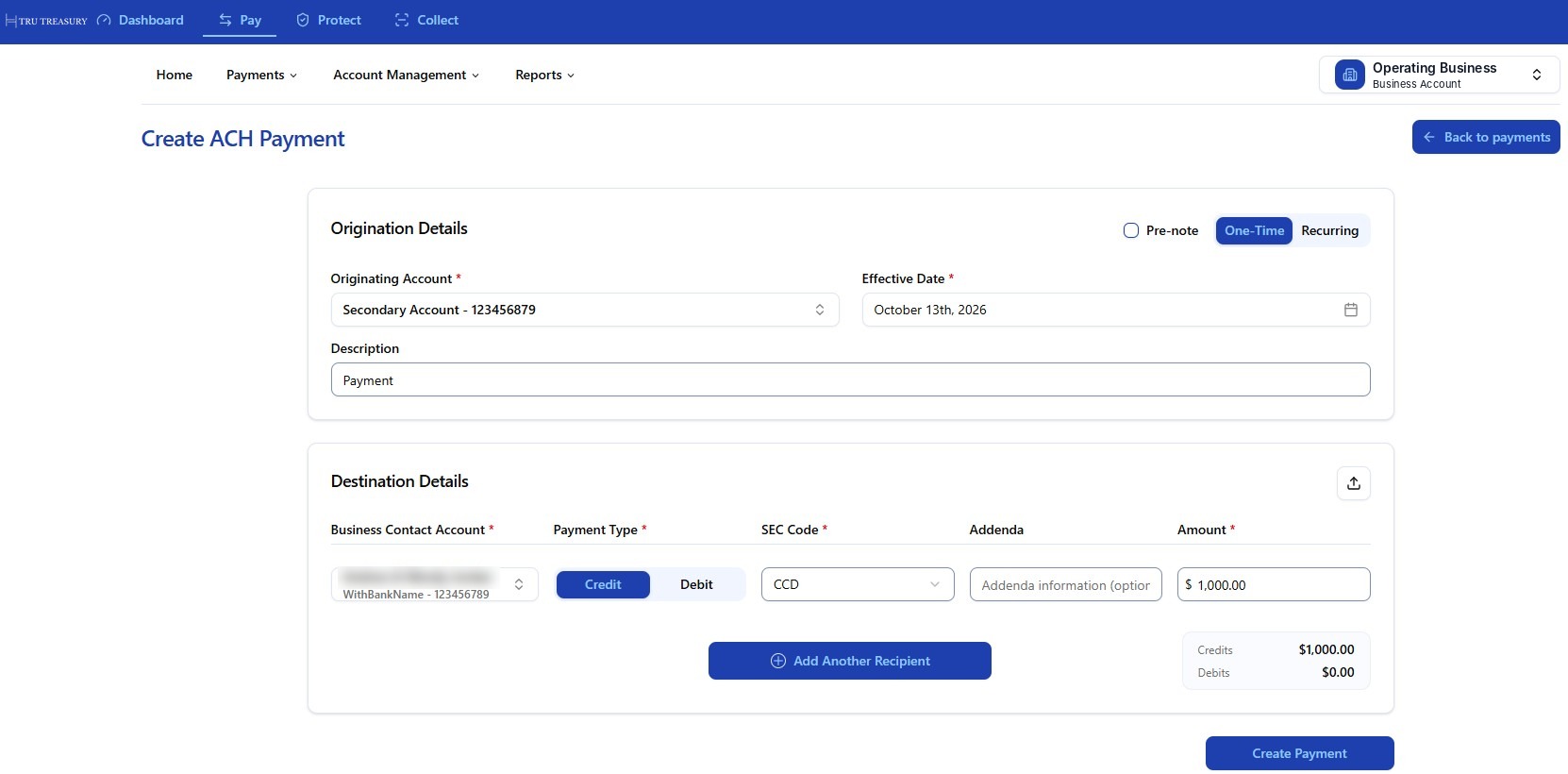Preview of the next-generation TM Portal: creating an ACH payment