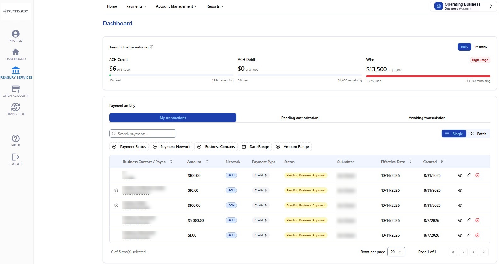 Tru Payments dashboard with transfer limit monitoring and payment activity