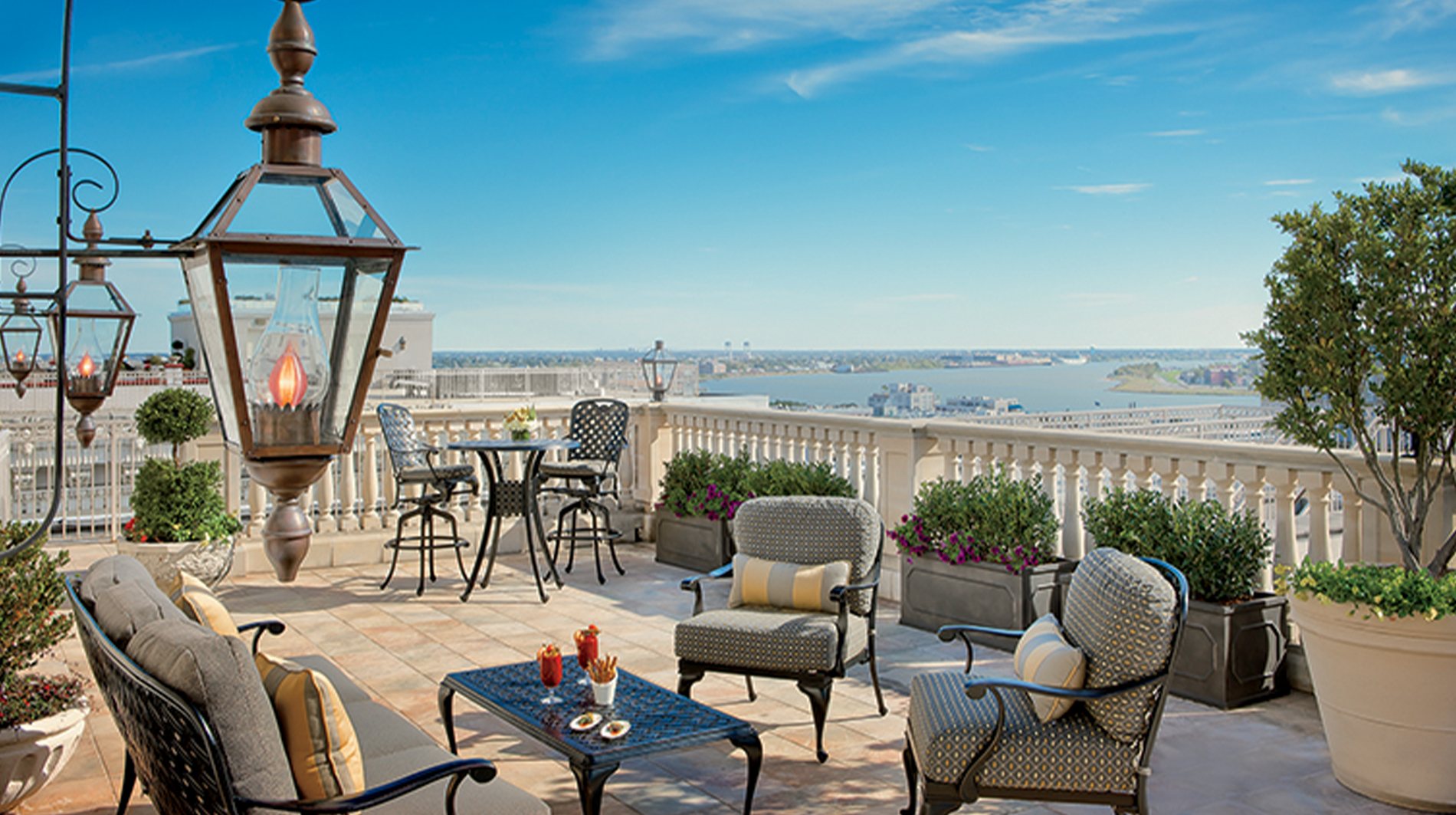 Rooftop terrace at The Ritz-Carlton, New Orleans, overlooking the Mississippi River