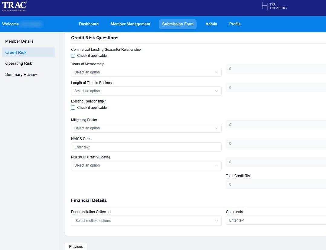 TRAC credit risk questions in the business risk assessment submission form