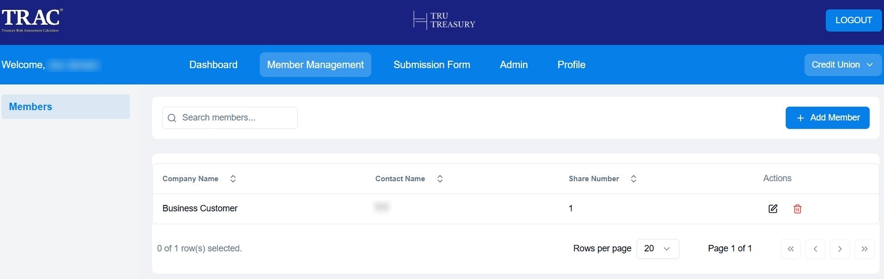 TRAC member management screen listing business users